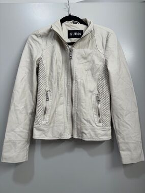 GUESS Cream Faux Leather Jacket Womens Zip Up Moto Y2K Neutral Edgy Biker Jacket